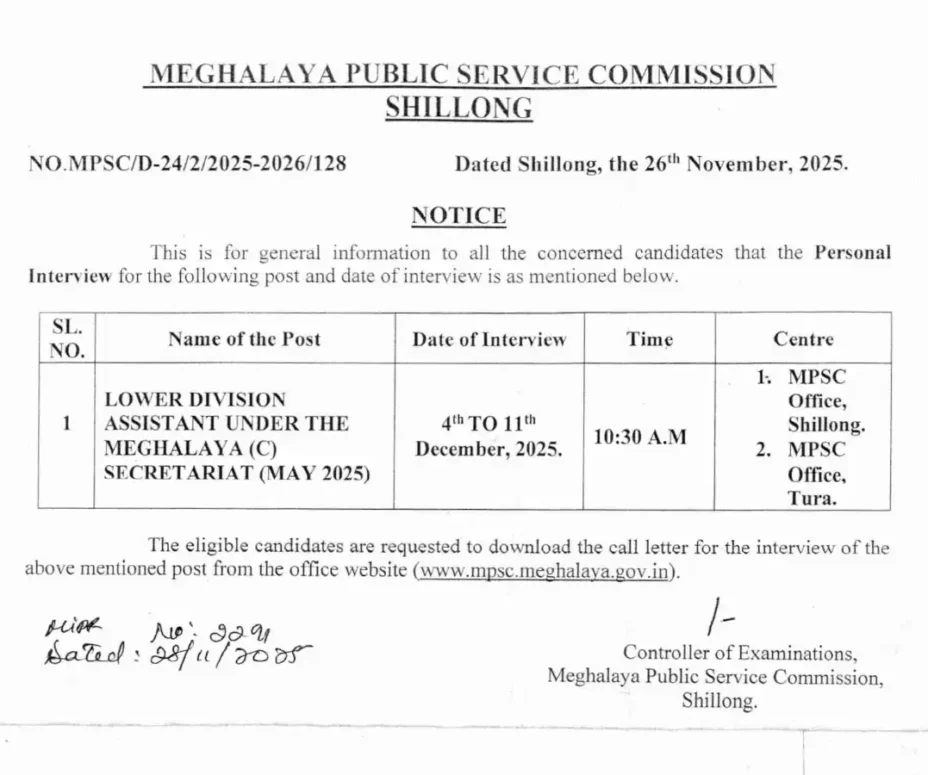 Lower Division Assistant Under the Meghalaya Secretariat